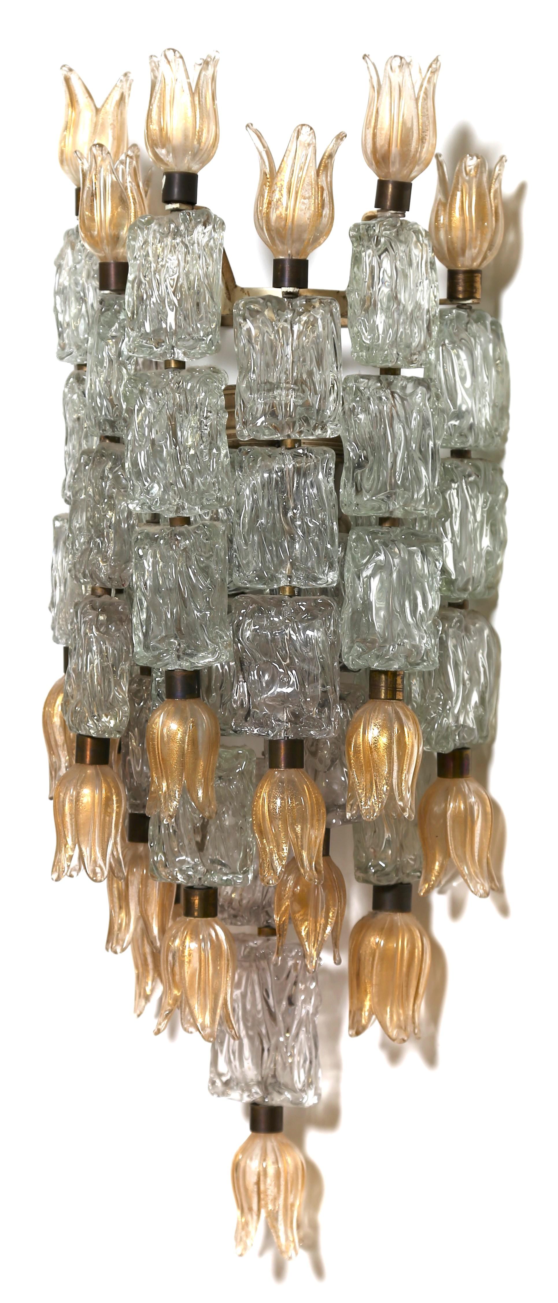 Italian Pair of Large Appliques Murano Designed by Barovier & Toso, 1950