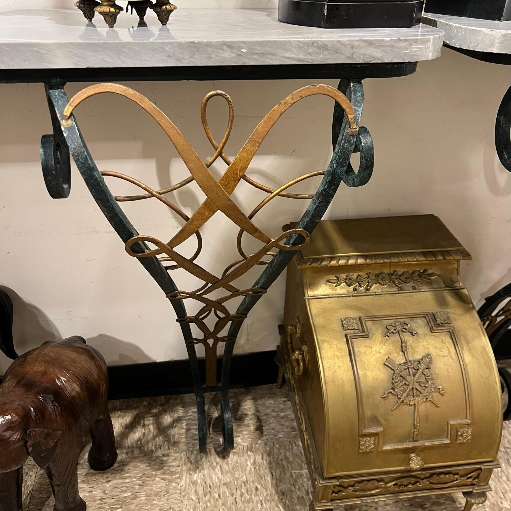 Pair Large Art Deco Gilt Wrought Iron and Marble Wall-Mount Consoles For Sale 8