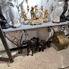 Pair Large Art Deco Gilt Wrought Iron and Marble Wall-Mount Consoles