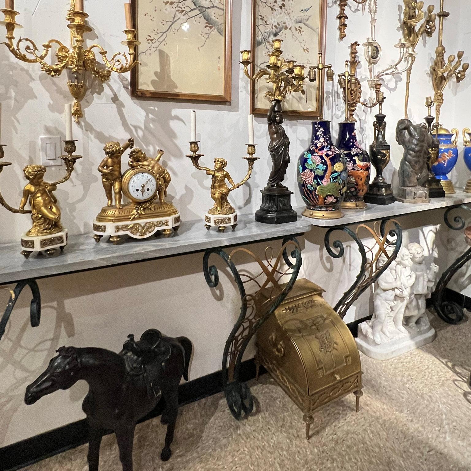 Pair Large Art Deco Gilt Wrought Iron and Marble Wall-Mount Consoles In Good Condition For Sale In New York, NY