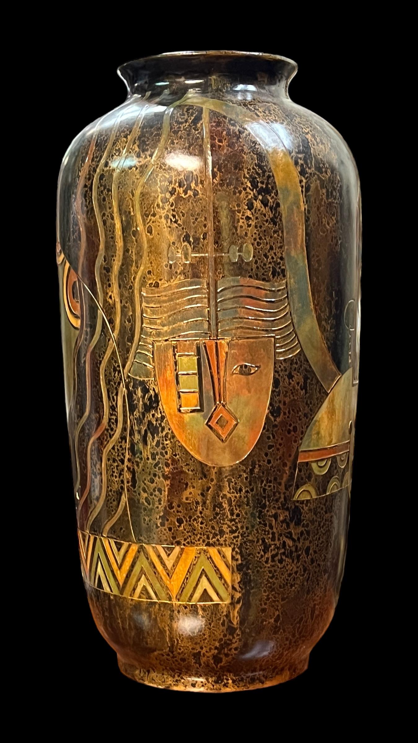 Ceramic Pair Large Art Deco Mid-Century Modern Enameled Vases For Sale