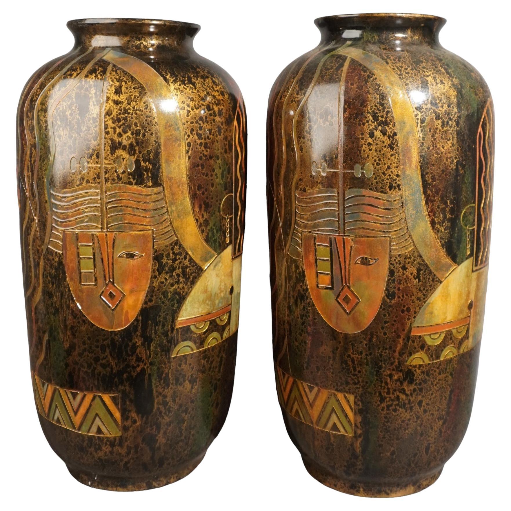 Pair Large Art Deco Mid-Century Modern Enameled Vases For Sale
