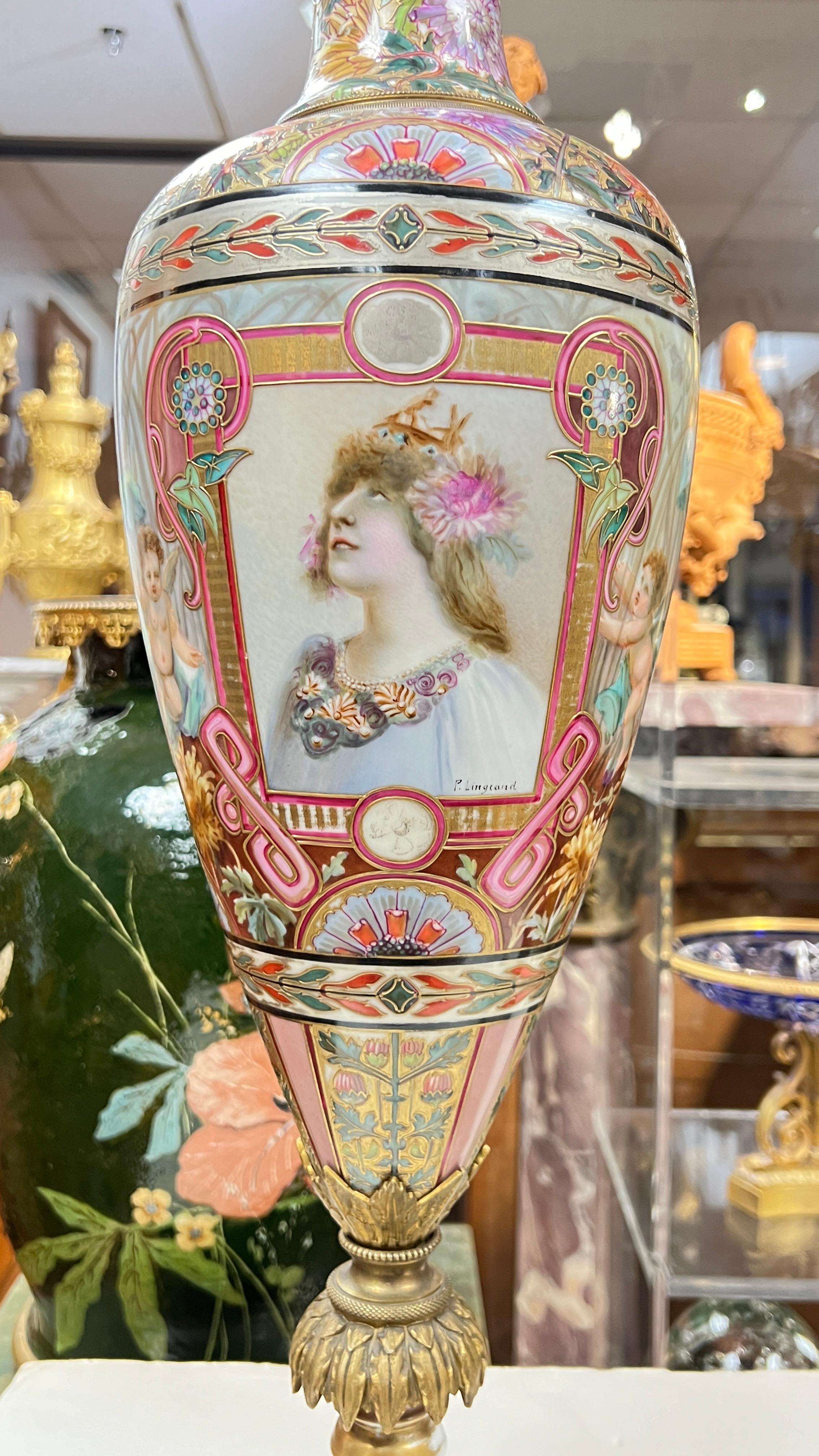 Paire de grands vases émaillés pseudo-cloisonnés de style Sèvres Art Nouveau en vente 6