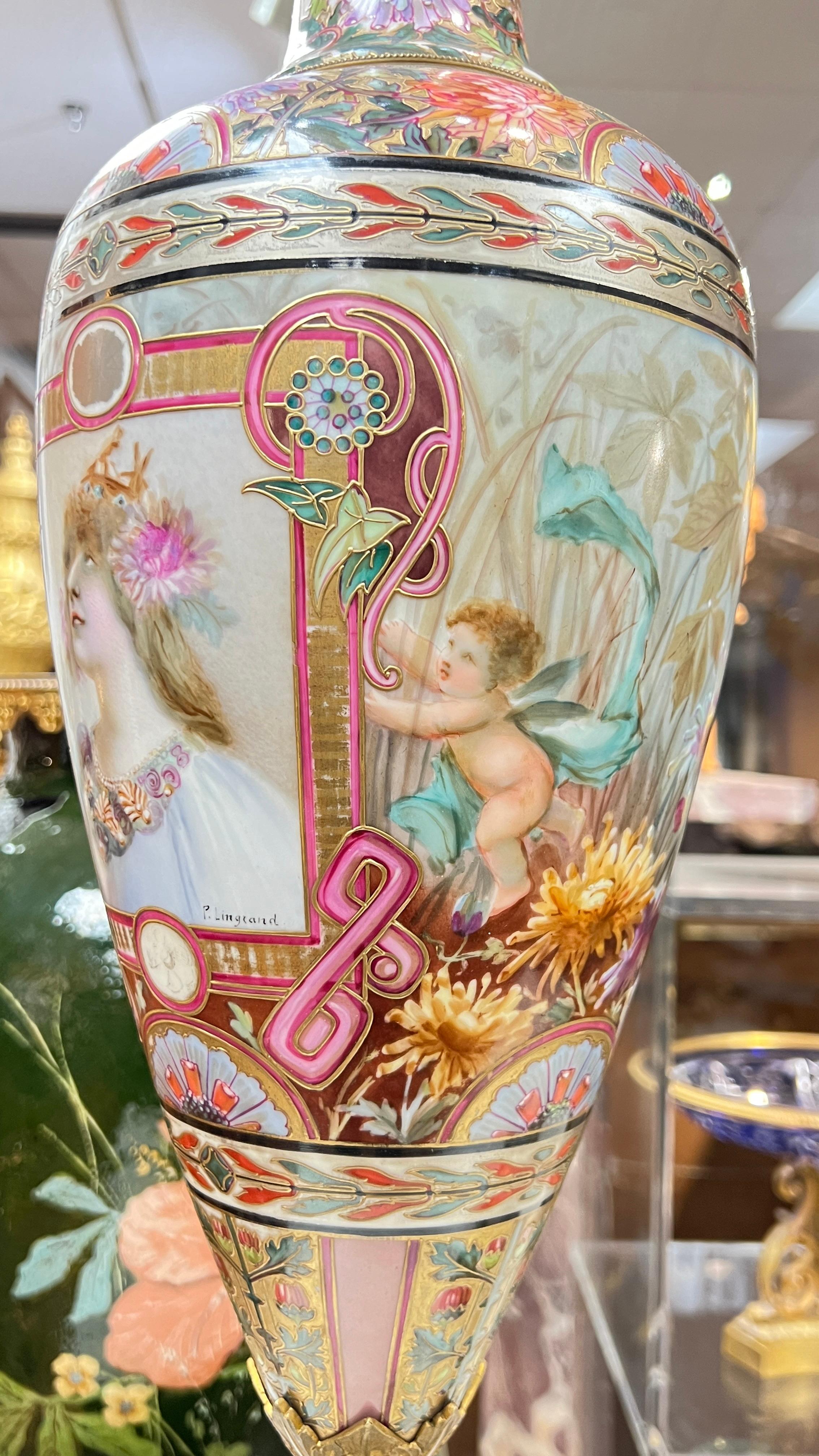 Paire de grands vases émaillés pseudo-cloisonnés de style Sèvres Art Nouveau en vente 7