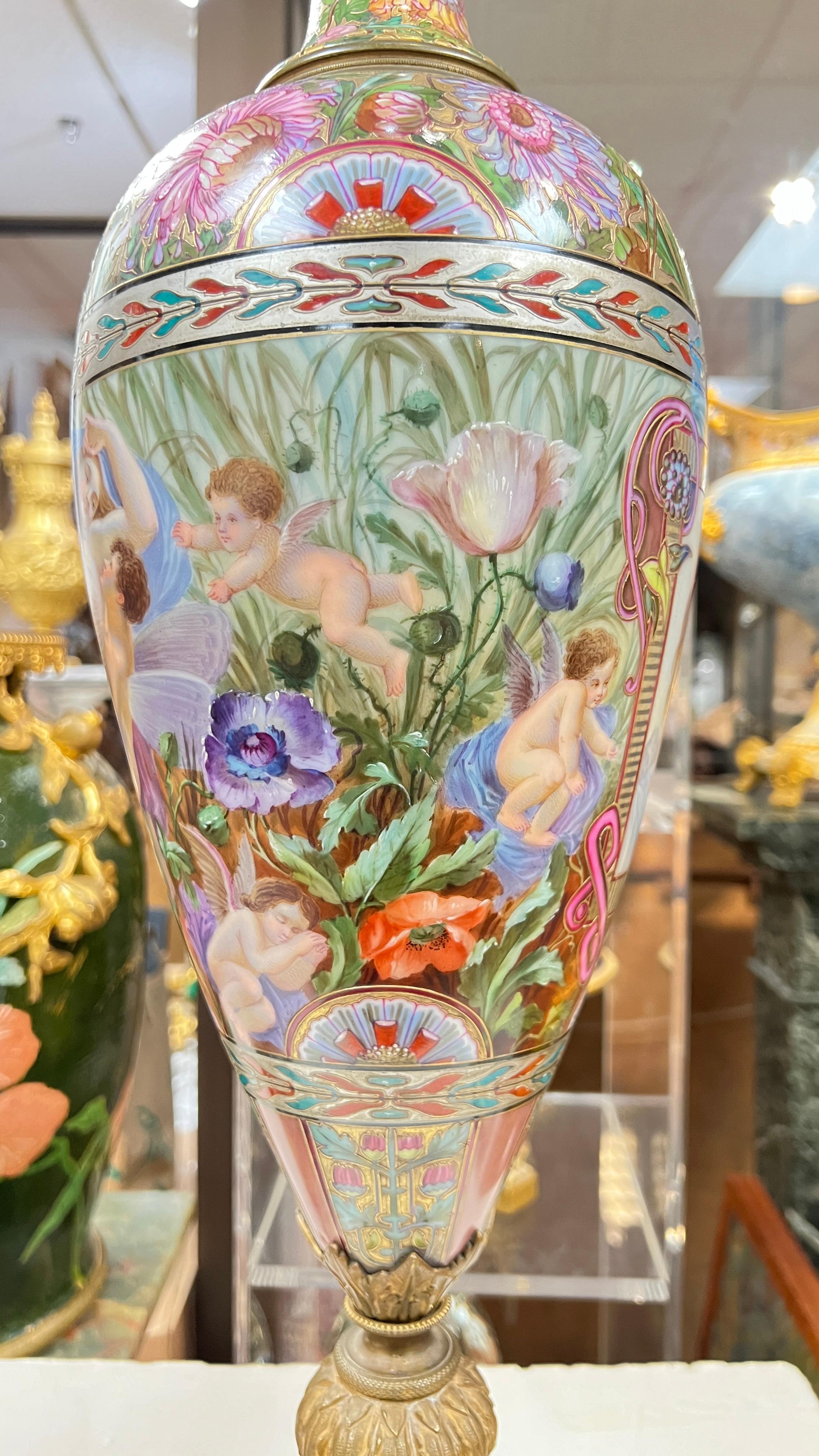 Bronze Paire de grands vases émaillés pseudo-cloisonnés de style Sèvres Art Nouveau en vente