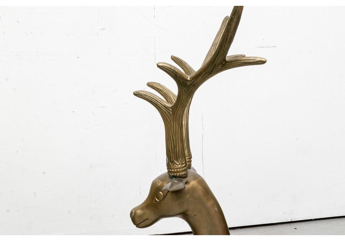 Mid-Century Modern Pair Large Asian Brass Deer Figures For Sale