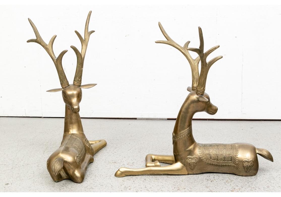20th Century Pair Large Asian Brass Deer Figures For Sale