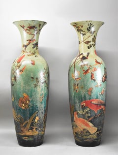 Pair Large Asian Style Floor Vases Crackle Finish Parrots, Butterflies