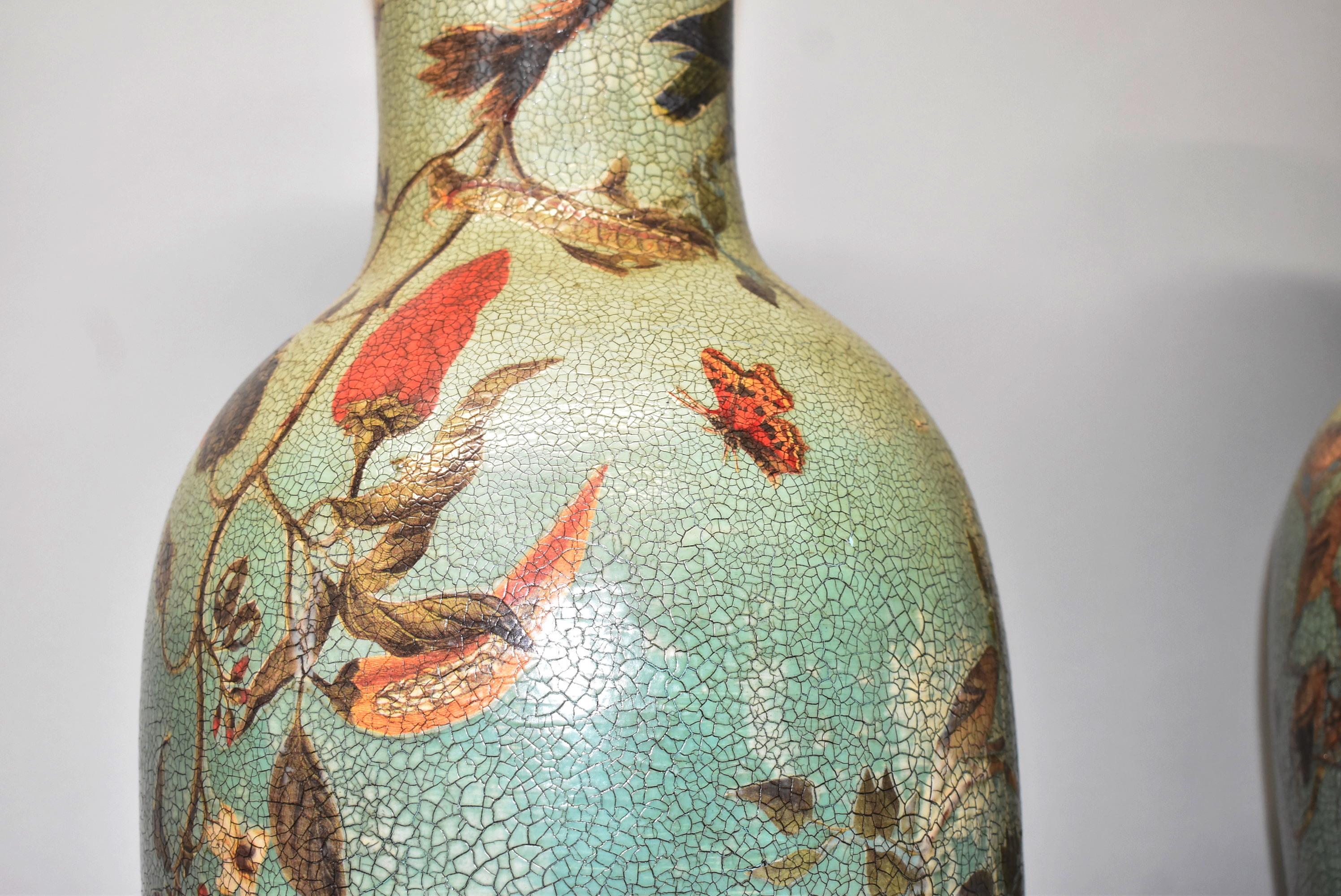 Pair Large Asian Style Floor Vases Crackle Finish Parrots, Butterflies In Good Condition In Toledo, OH