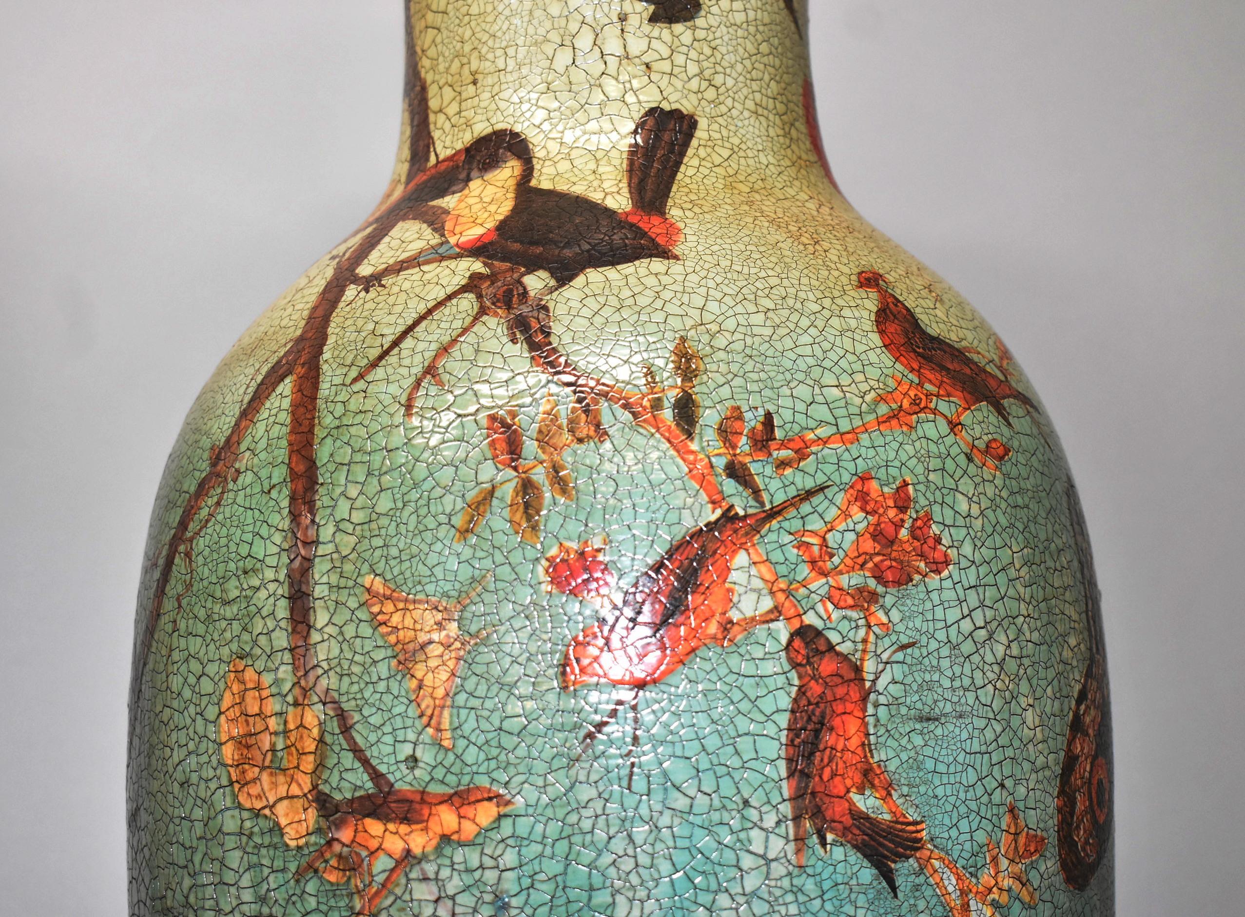 20th Century Pair Large Asian Style Floor Vases Crackle Finish Parrots, Butterflies