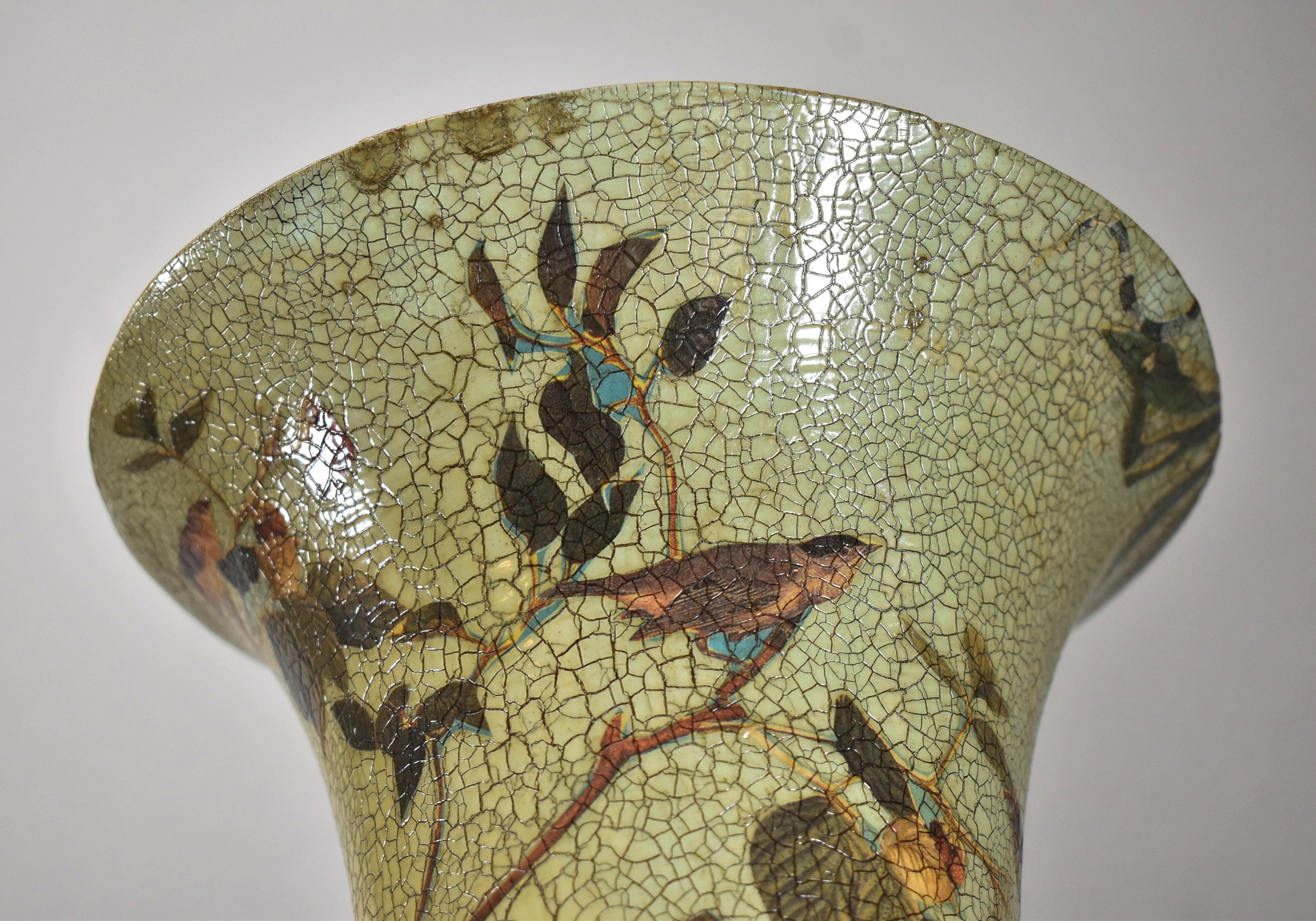 Composition Pair Large Asian Style Floor Vases Crackle Finish Parrots, Butterflies