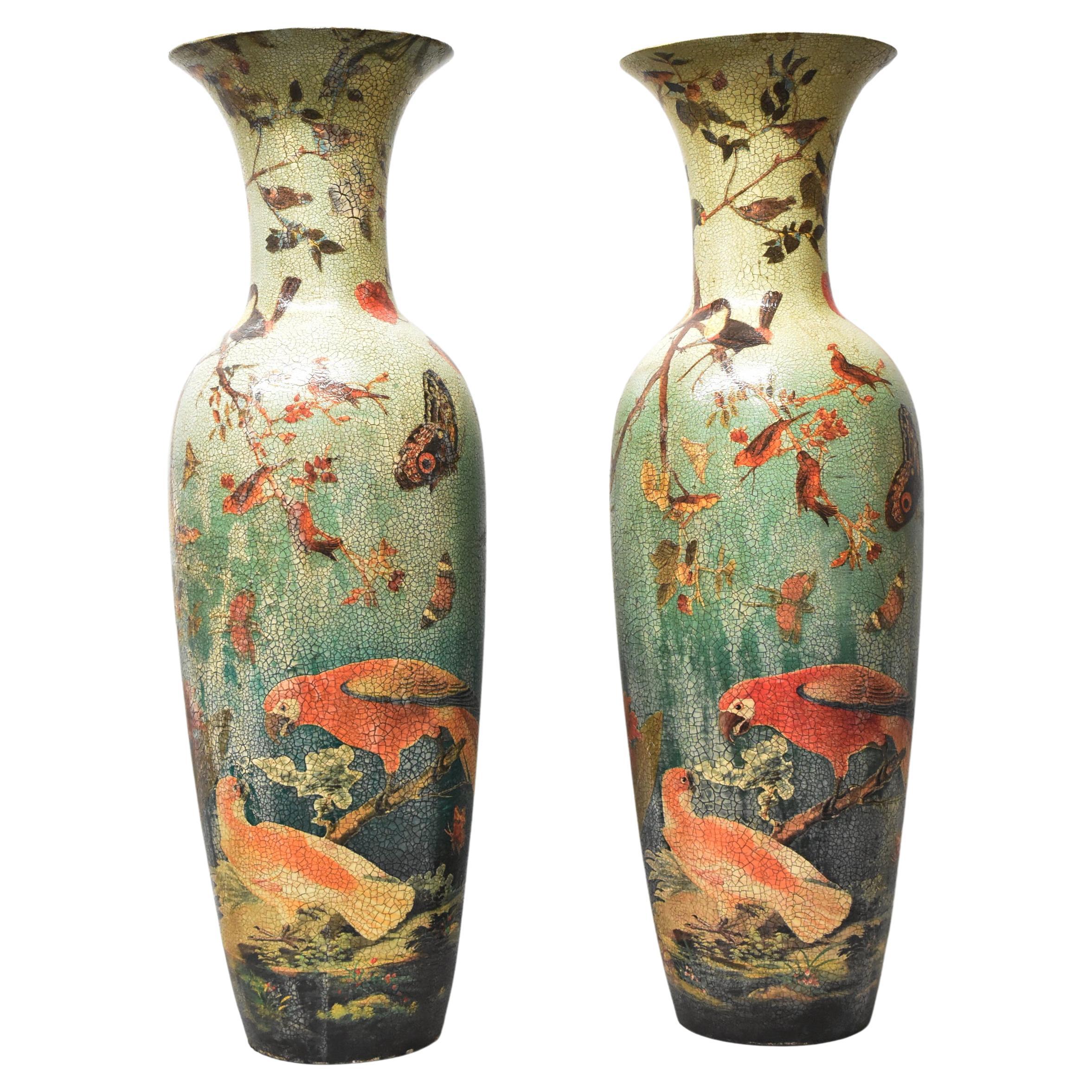Pair Large Asian Style Floor Vases Crackle Finish Parrots, Butterflies