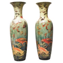 Pair Large Asian Style Floor Vases Crackle Finish Parrots, Butterflies