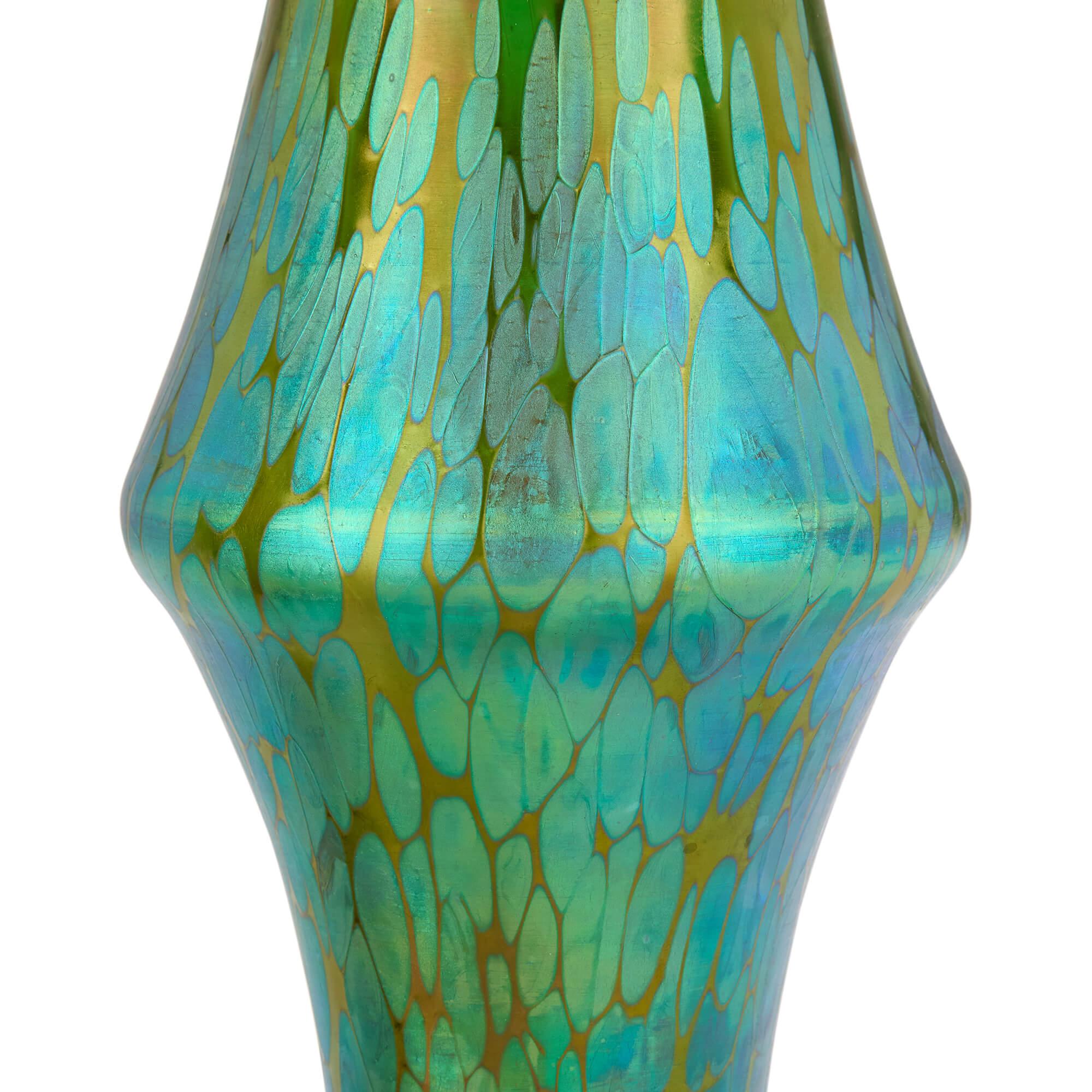 Pair Large Austrian Green Gold Art Nouveau Jugendstil Glass Gilt Metal Vases In Good Condition For Sale In London, GB