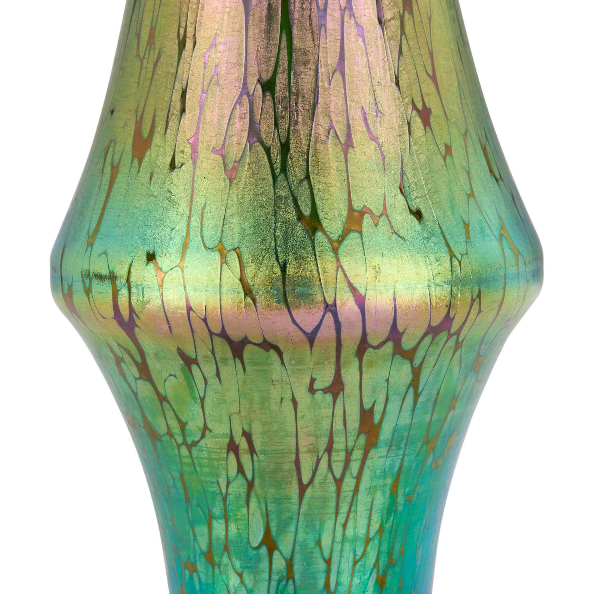 20th Century Pair Large Austrian Green Gold Art Nouveau Jugendstil Glass Gilt Metal Vases For Sale