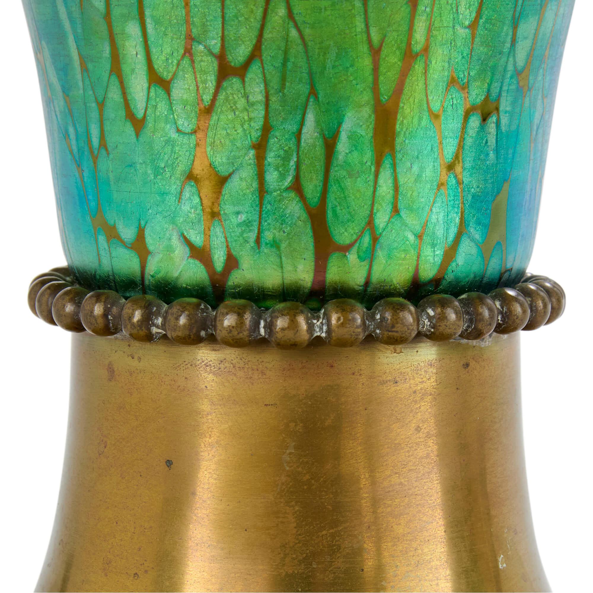 Pair Large Austrian Green Gold Art Nouveau Jugendstil Glass Gilt Metal Vases For Sale 1