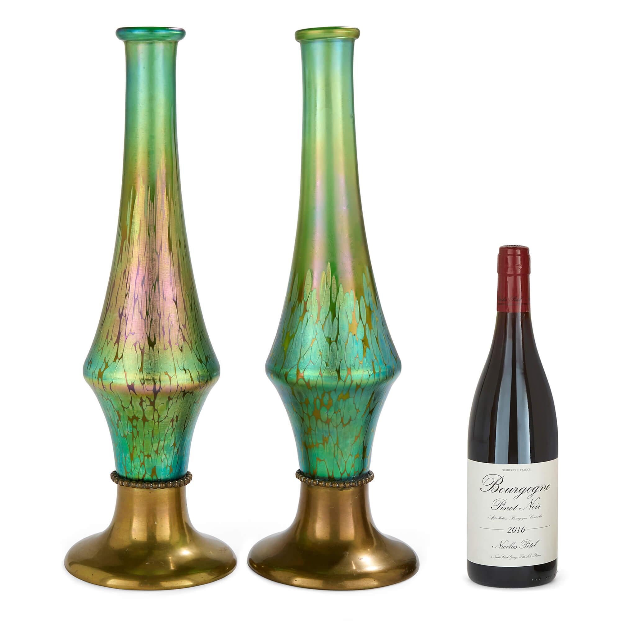 Pair Large Austrian Green Gold Art Nouveau Jugendstil Glass Gilt Metal Vases For Sale 2