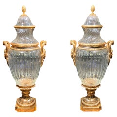 Pair Large Baccarat style Gilt Bronze Mounted Glass Urns