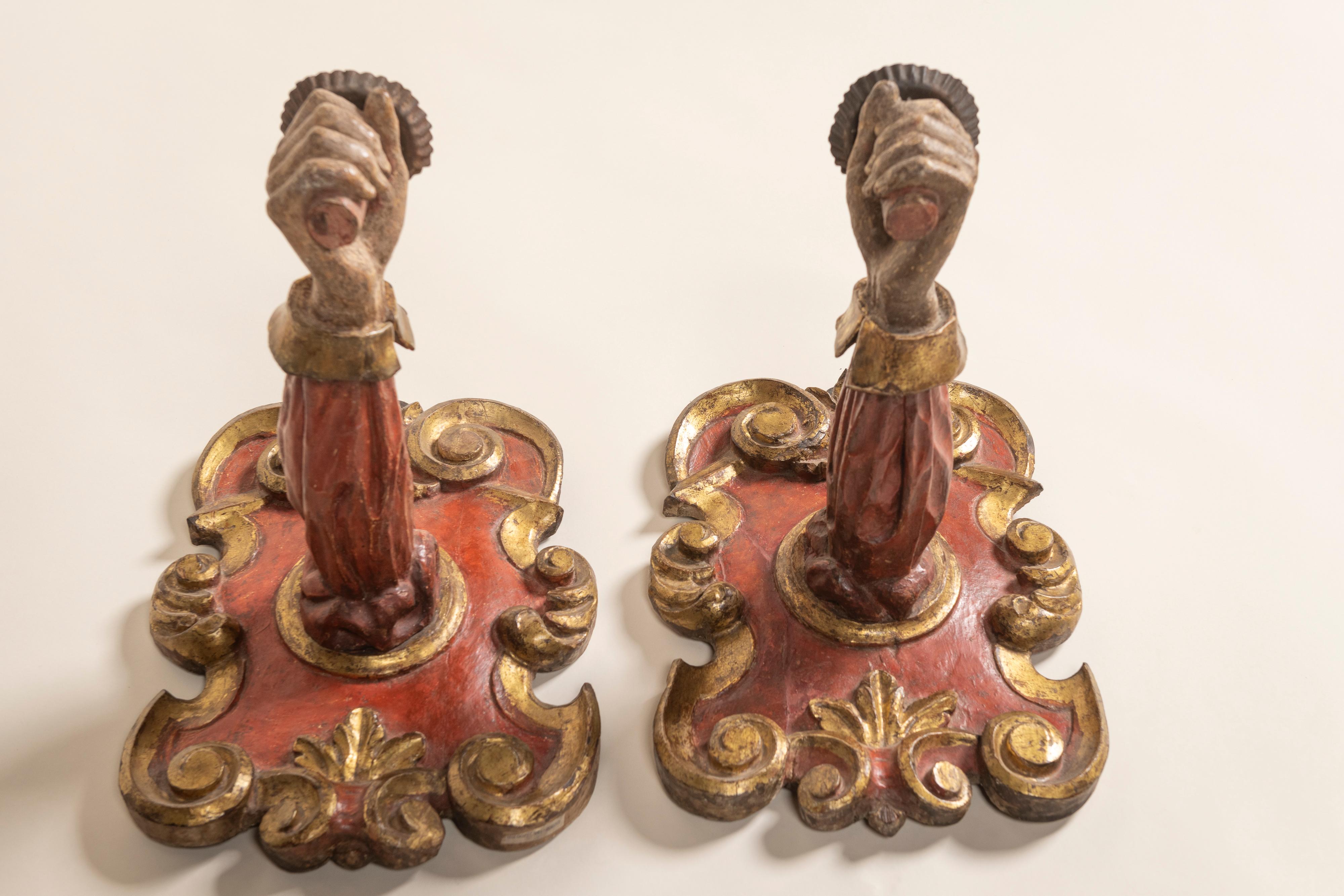 Italian Pair Large Baroque Painted & Parcel Gilt Applique Sconces, Italy, 17th Century For Sale