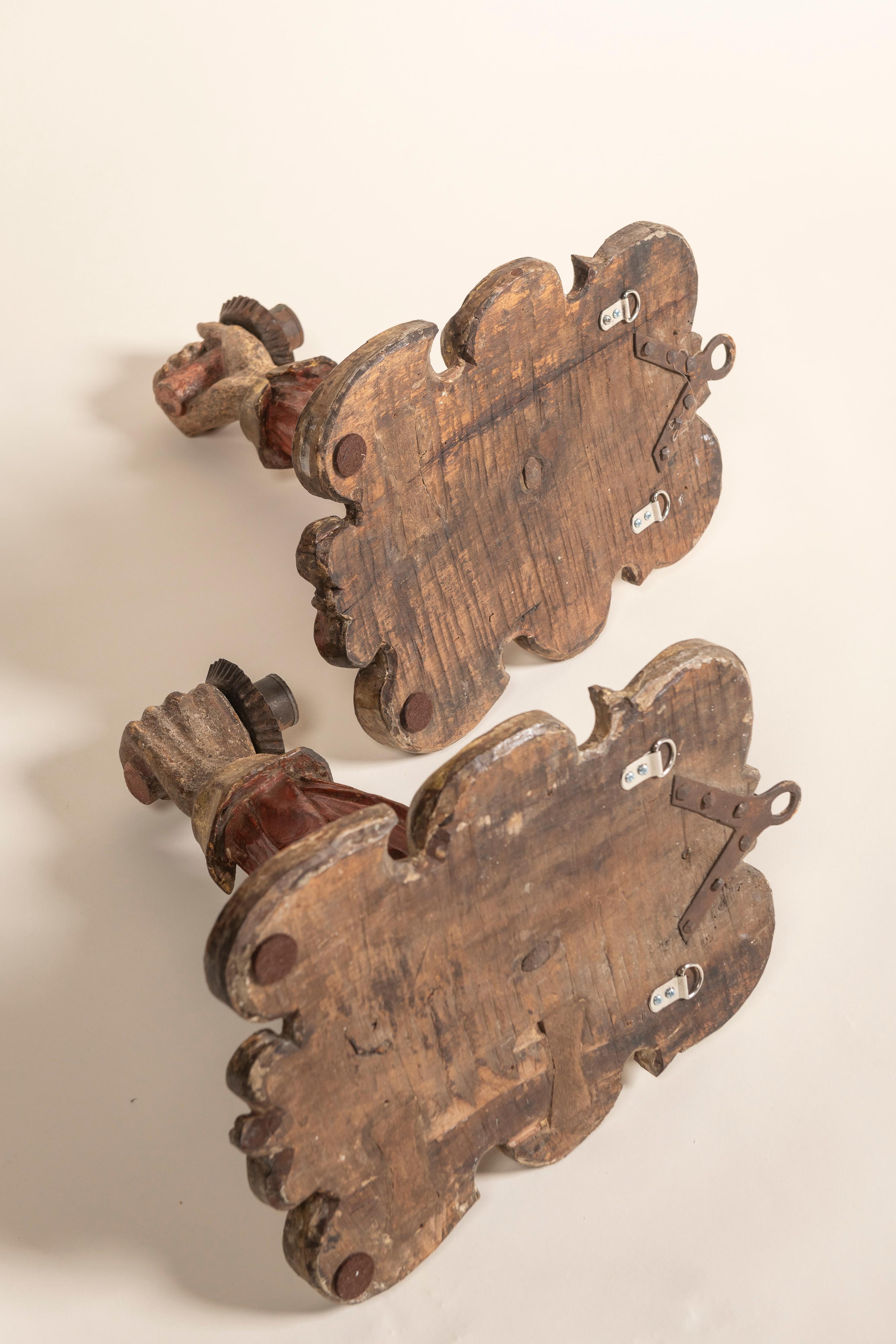 Appliqué Pair Large Baroque Painted & Parcel Gilt Applique Sconces, Italy, 17th Century For Sale