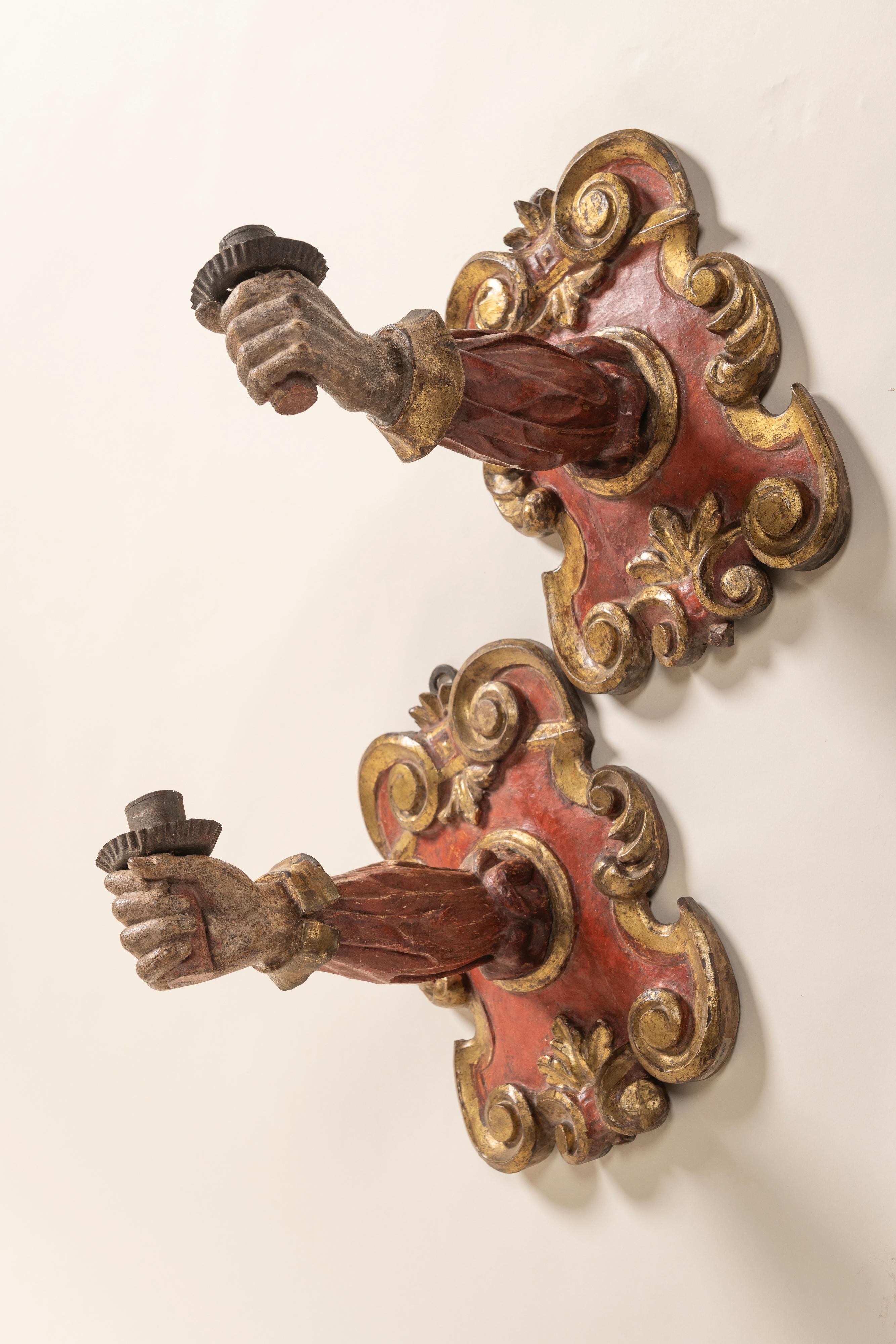 Pair Large Baroque Painted & Parcel Gilt Applique Sconces, Italy, 17th Century In Good Condition For Sale In San Francisco, CA