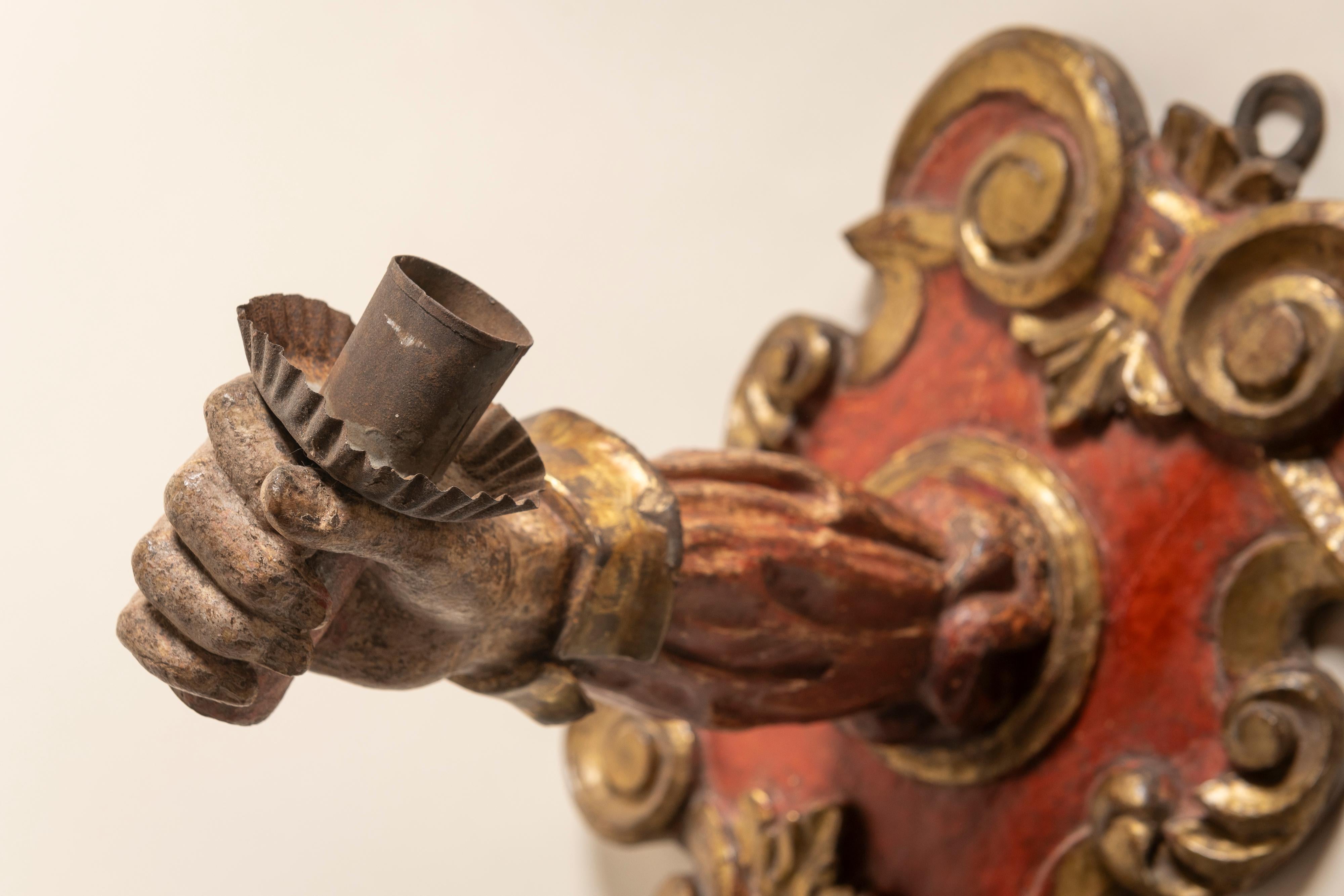 18th Century and Earlier Pair Large Baroque Painted & Parcel Gilt Applique Sconces, Italy, 17th Century For Sale