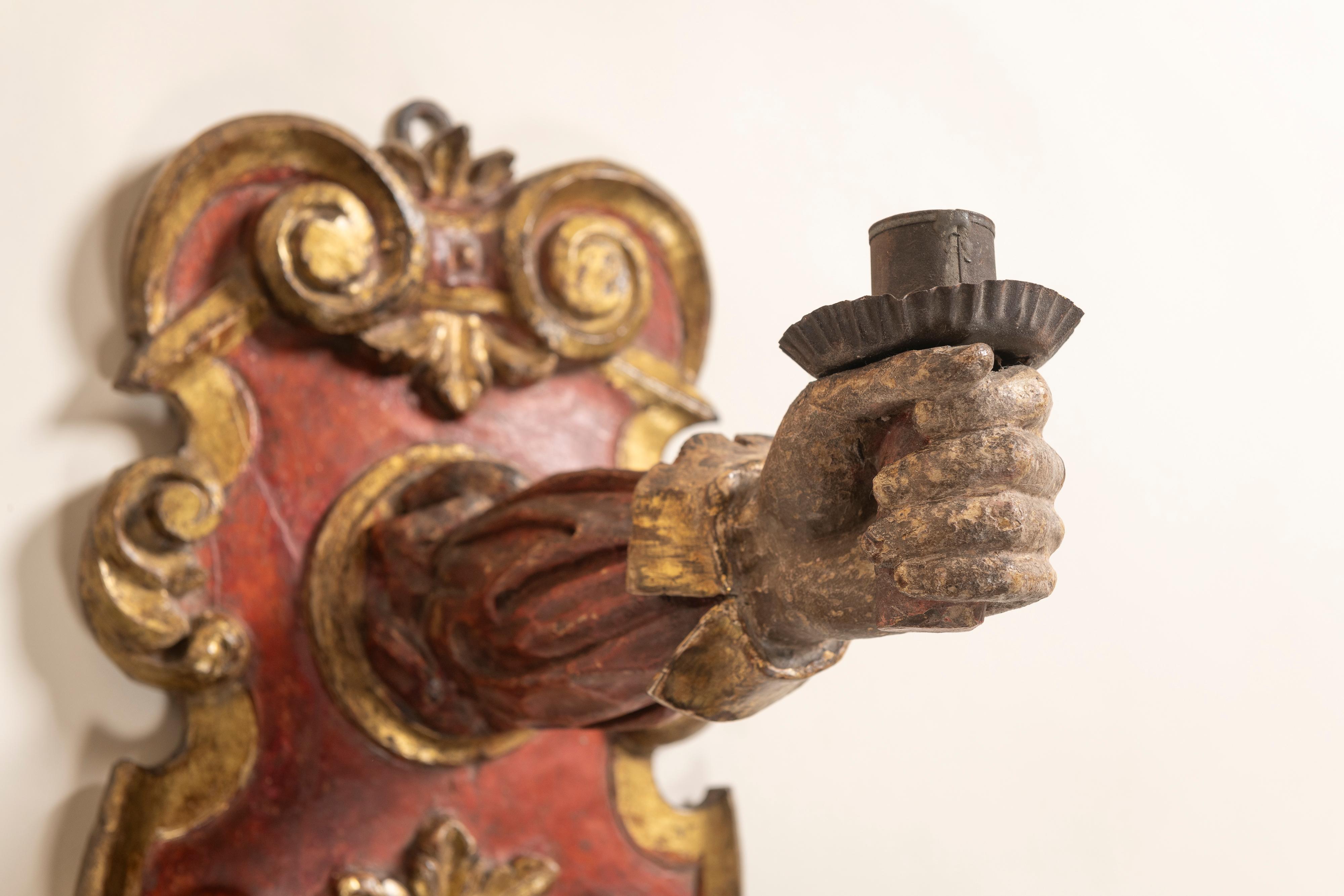 Wood Pair Large Baroque Painted & Parcel Gilt Applique Sconces, Italy, 17th Century For Sale