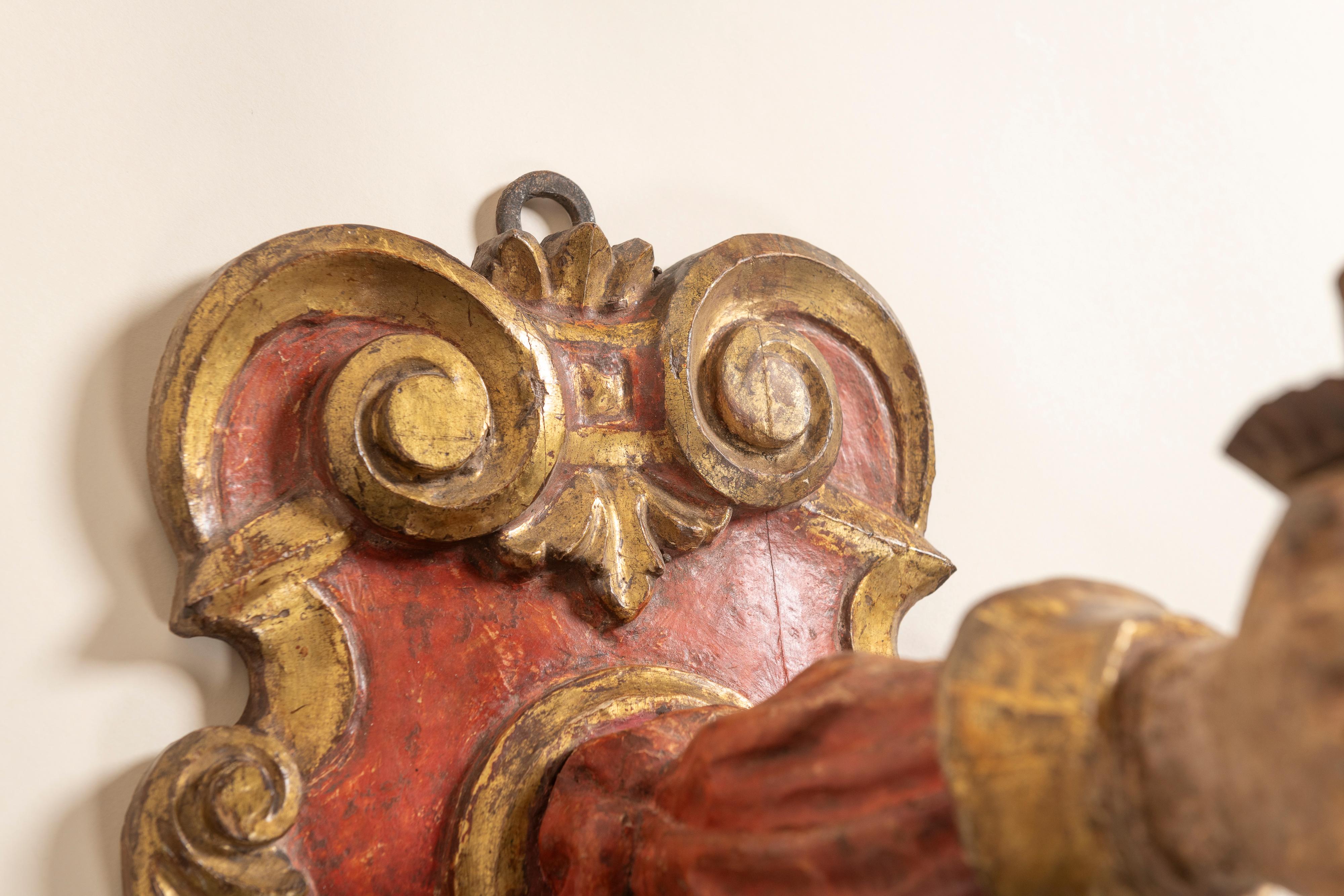Pair Large Baroque Painted & Parcel Gilt Applique Sconces, Italy, 17th Century For Sale 1