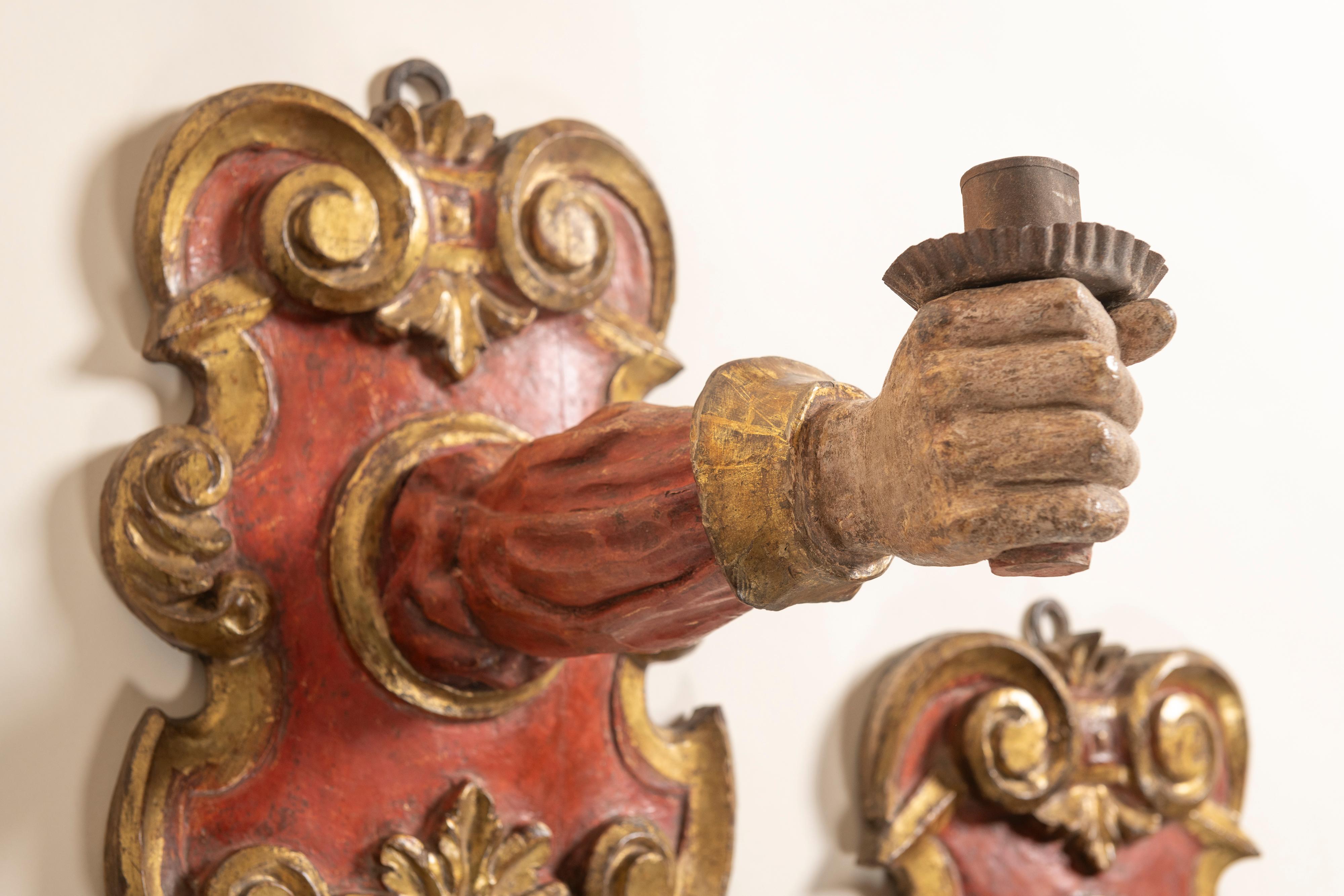 Pair Large Baroque Painted & Parcel Gilt Applique Sconces, Italy, 17th Century For Sale 2