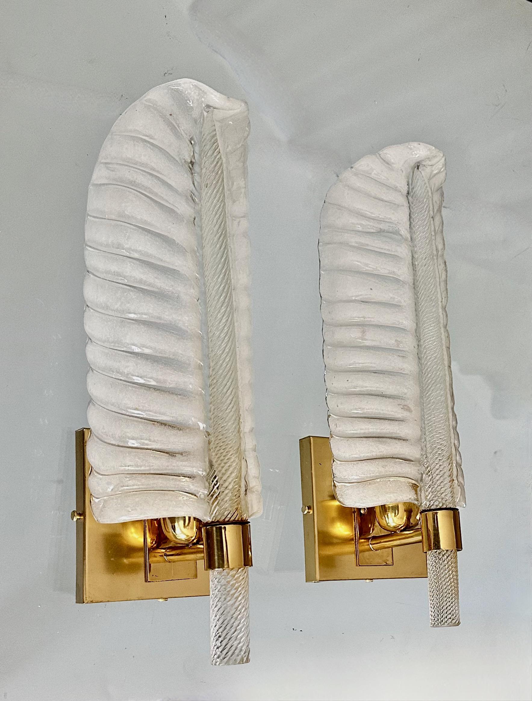 Barovier handblown Murano glass leaf or plume shaped wall sconces. The glass is carefully crafted using the 