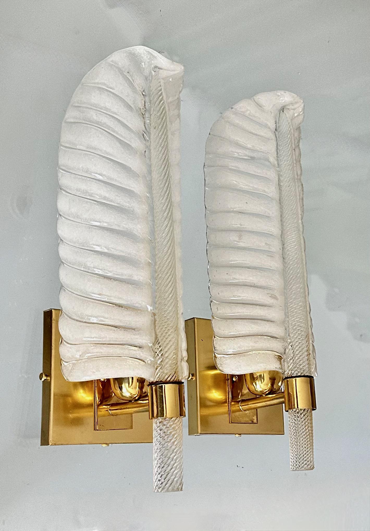 Pair Large Barovier Italian Glass Leaf Wall Sconces 1