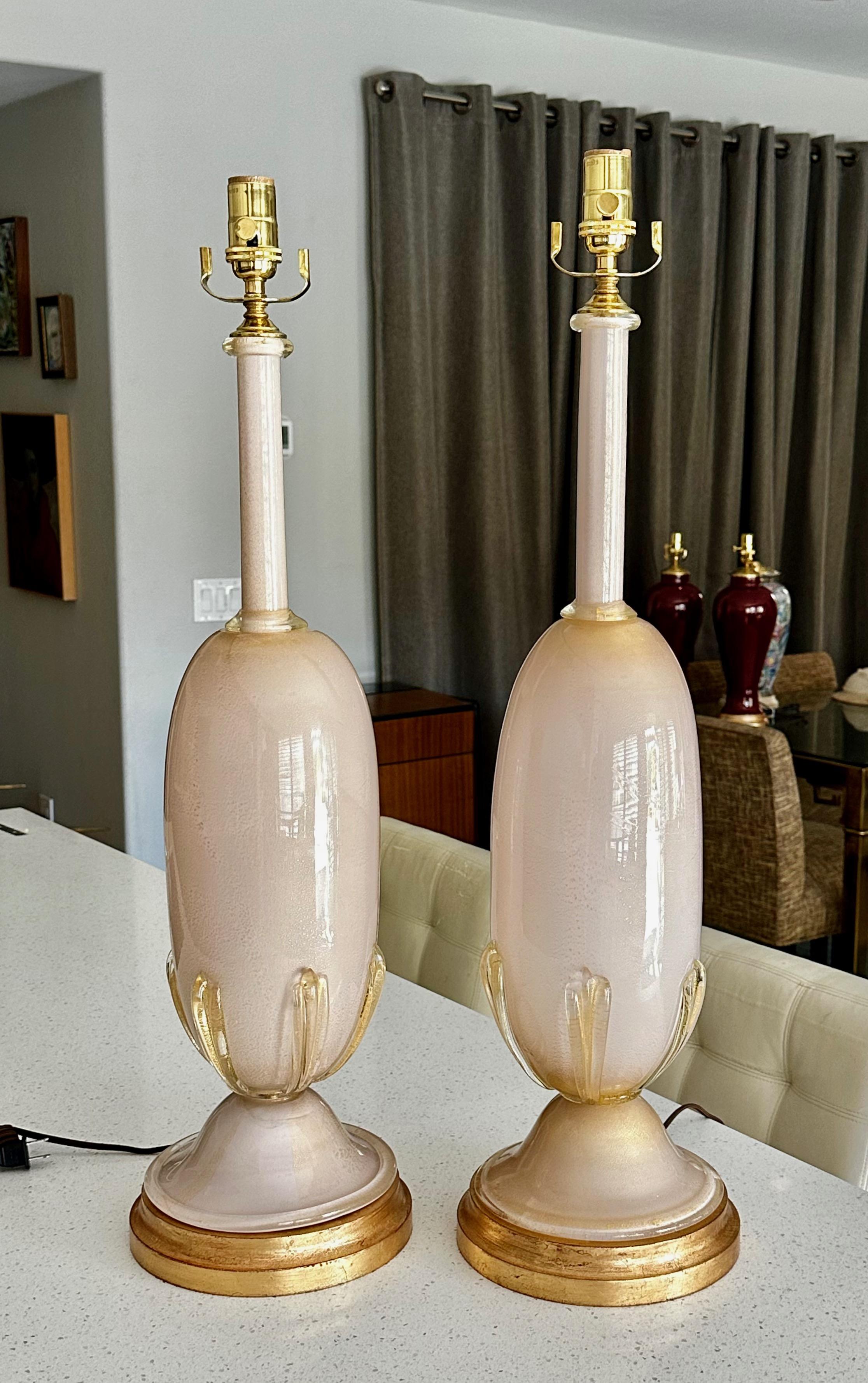 Italian Pair Large Barovier Murano Pink & Gold Table Lamps For Sale