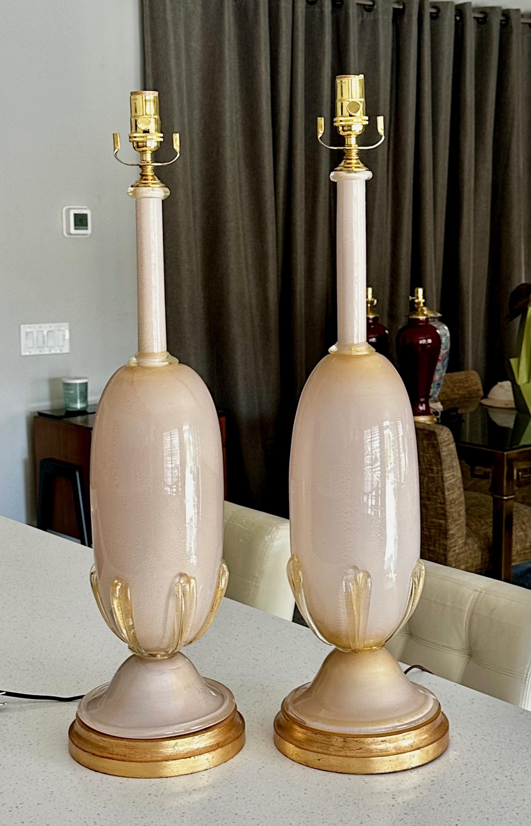 Brass Pair Large Barovier Murano Pink & Gold Table Lamps For Sale