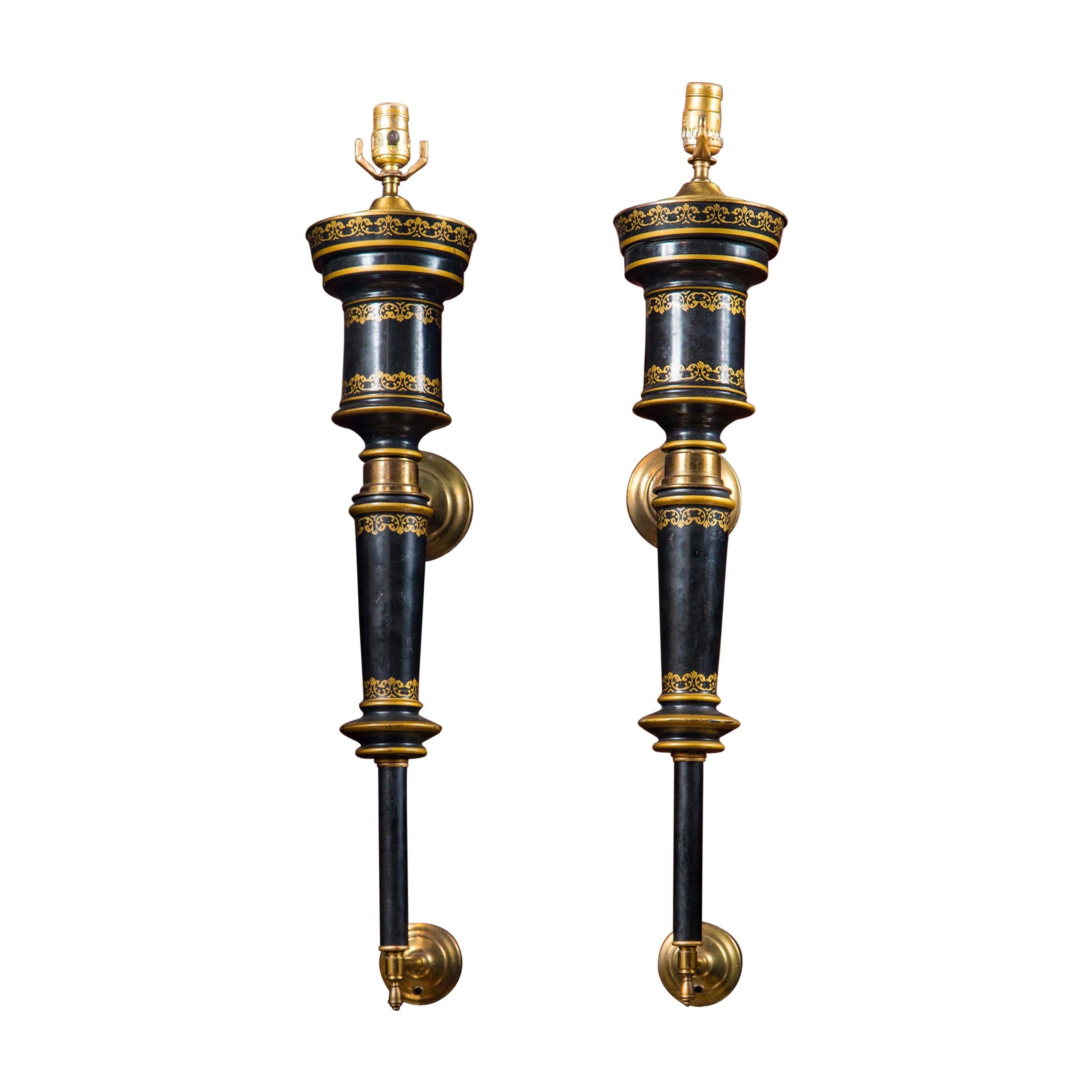 Pair of Large Black Metal Wall Lamps or Sconces For Sale
