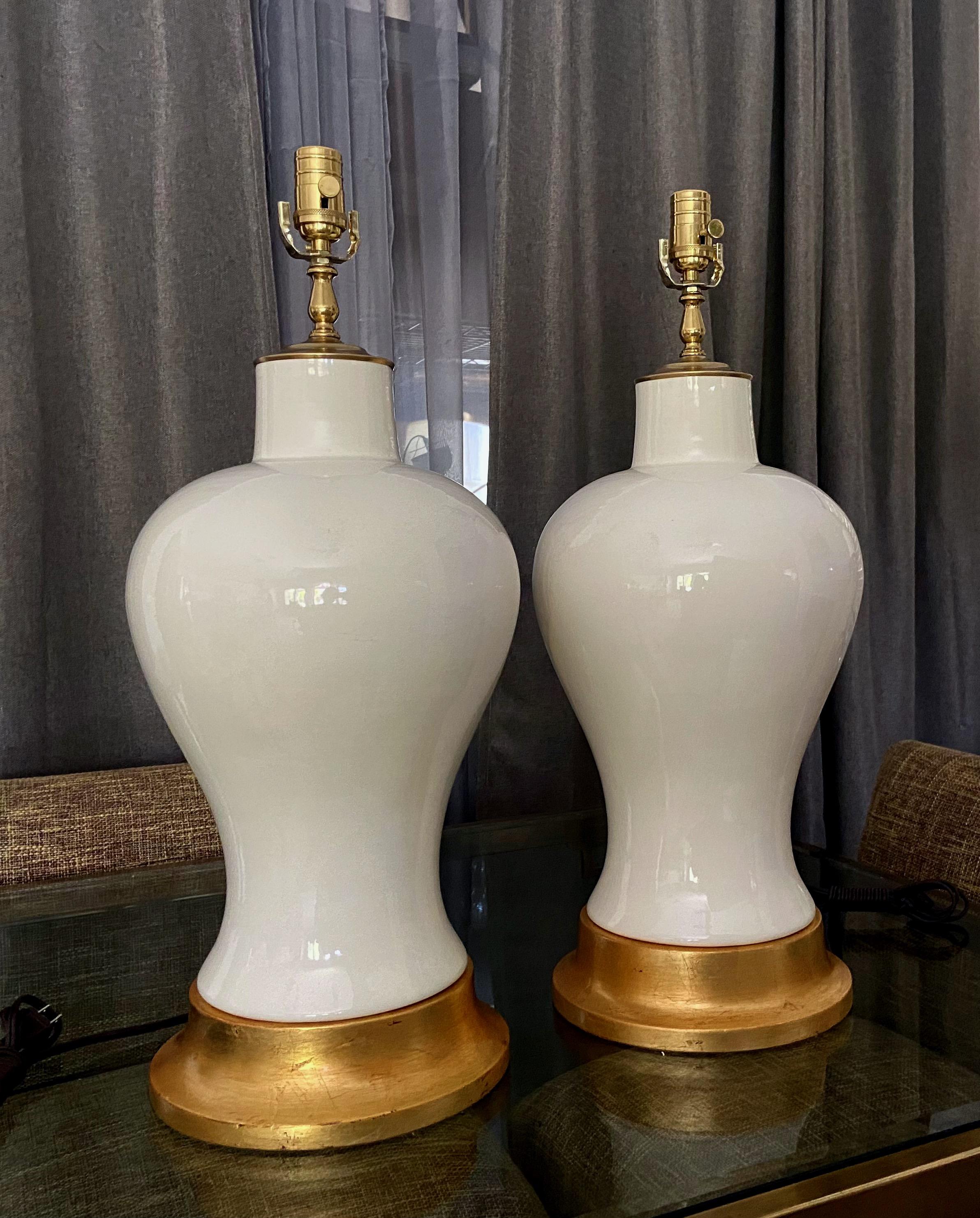 Pair Large Blanc De Shine Porcelain Table Lamps In Good Condition For Sale In Palm Springs, CA