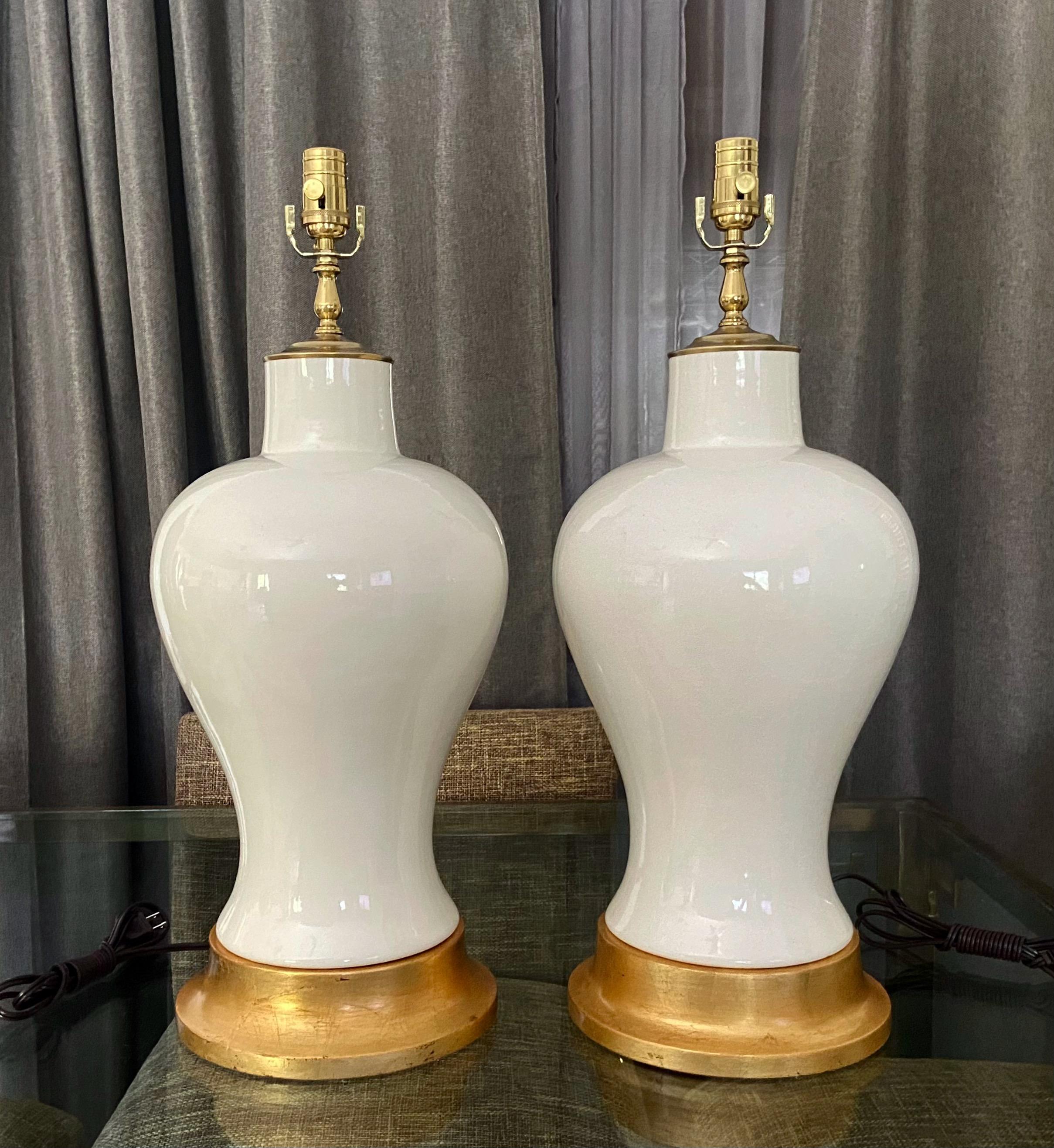 Brass Pair Large Blanc De Shine Porcelain Table Lamps For Sale