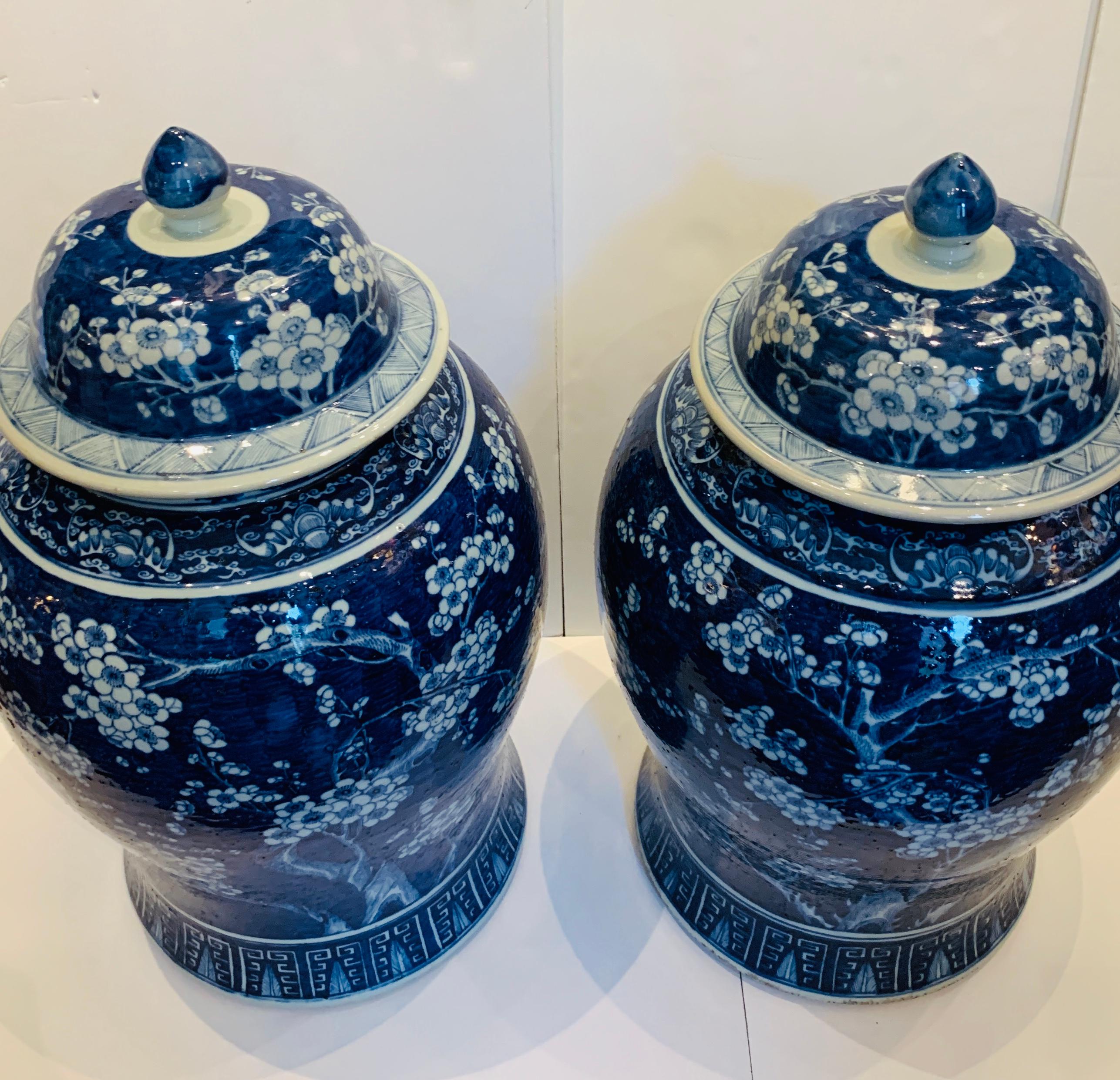 Pair of Large Blue and White Chinese Porcelain Jars Antique Qing Dynasty 1
