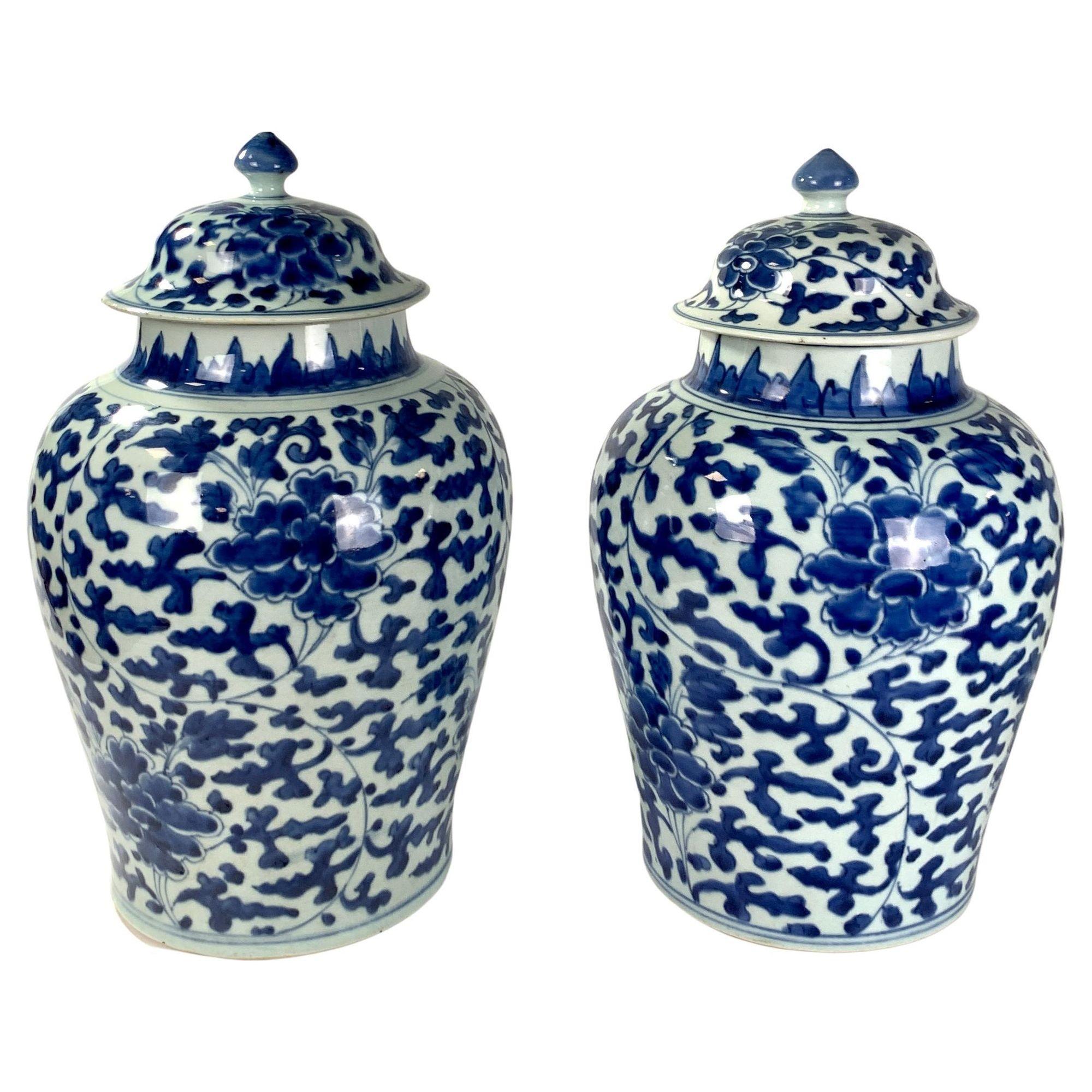 This exceptional pair of Chinese porcelain jars were made circa 1700 in the reign of Emperor Kangxi.
The jars are magnificent on display. They catch your eye from across the room and won't let go.
They are hand-painted in exquisite cobalt blue.