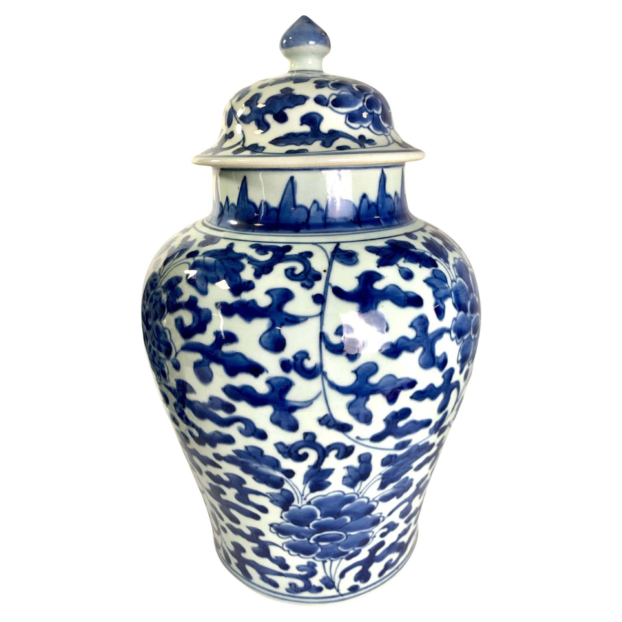 Hand-Painted Pair Large Blue and White Chinese Porcelain Jars Hand Painted Kangxi Era C-1700