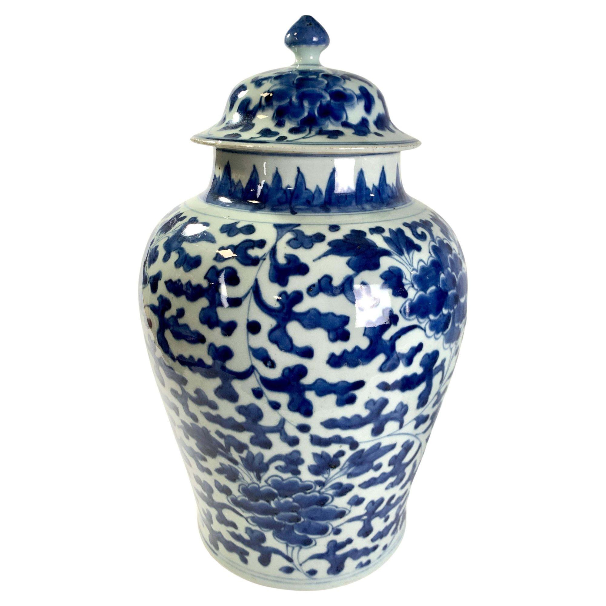 18th Century Pair Large Blue and White Chinese Porcelain Jars Hand Painted Kangxi Era C-1700