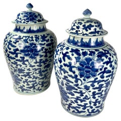 Pair Large Blue and White Chinese Porcelain Jars Hand Painted Kangxi Era C-1700