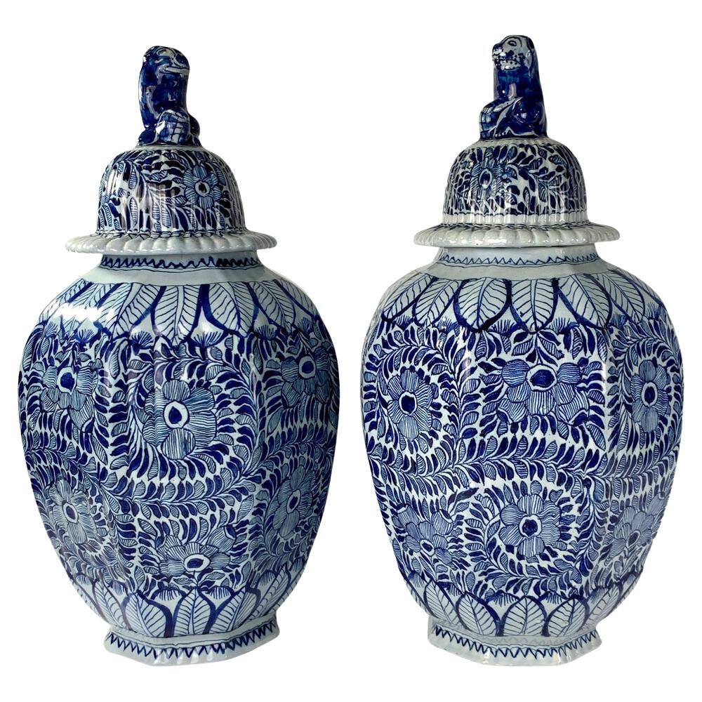 Pair Large Blue and White Delft Jars Made Netherlands 18th Century Circa 1780