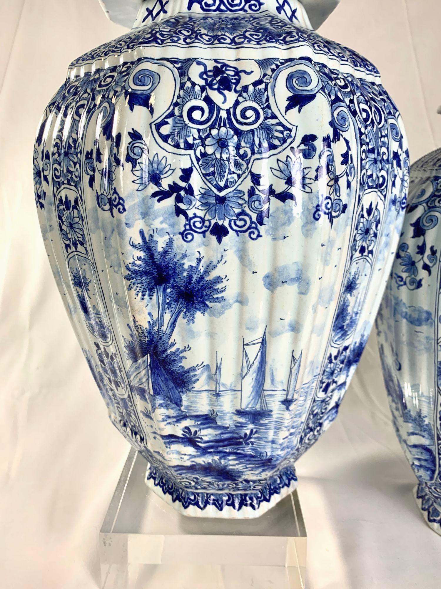 Romantic Pair Large Blue and White Delft Jars Netherlands Late 19th Century