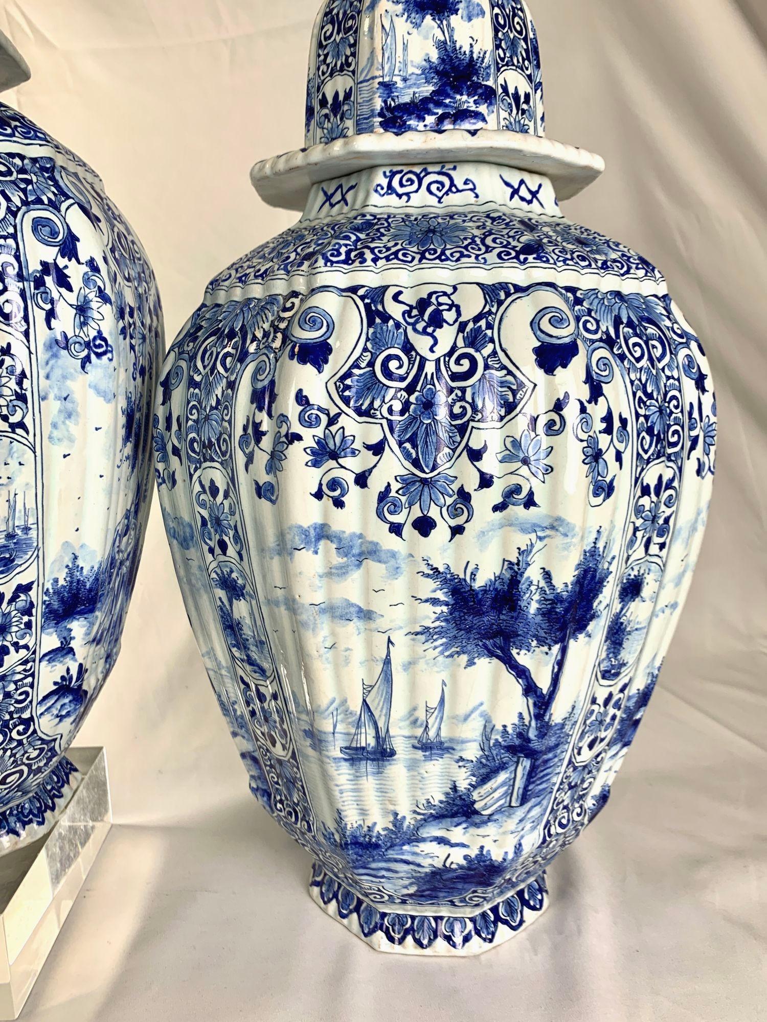 Pair Large Blue and White Delft Jars Netherlands Late 19th Century In Excellent Condition In Katonah, NY
