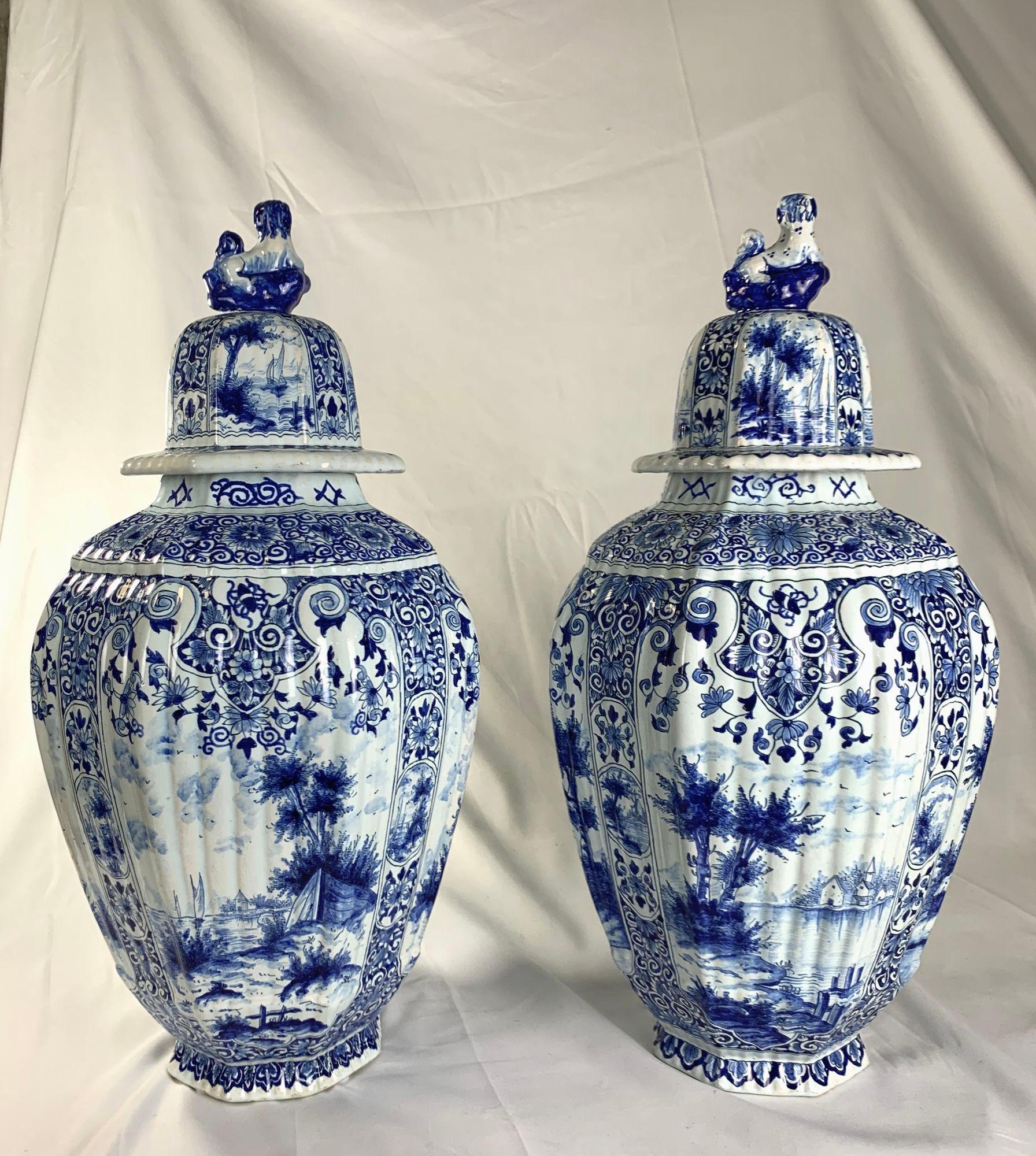 Pair Large Blue and White Delft Jars Netherlands Late 19th Century 5