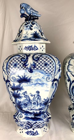 Pair Large Blue and White Delft Jars with Romantic Scenes Netherlands Circa 1870