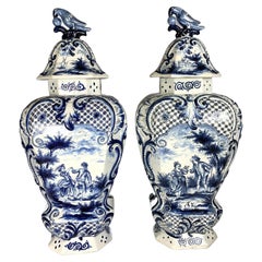 Pair Large Blue and White Delft Jars with Romantic Scenes Netherlands Circa 1870