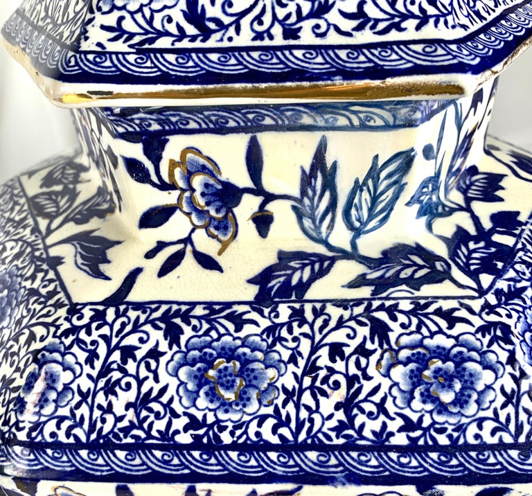 Pair Large Blue and White Jars Hexagonal England circa 1825 For Sale at