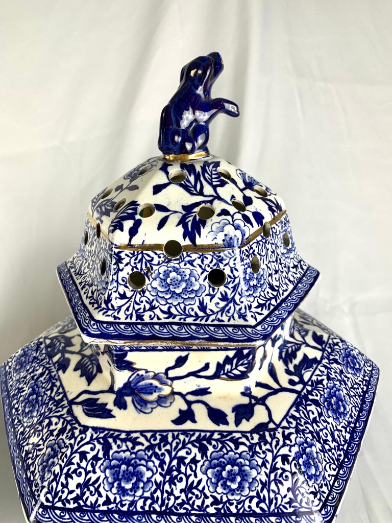 Pair Large Blue and White Jars Hexagonal England circa 1825 For Sale at