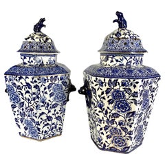 Pair Large Blue and White Jars Hexagonal England circa 1825